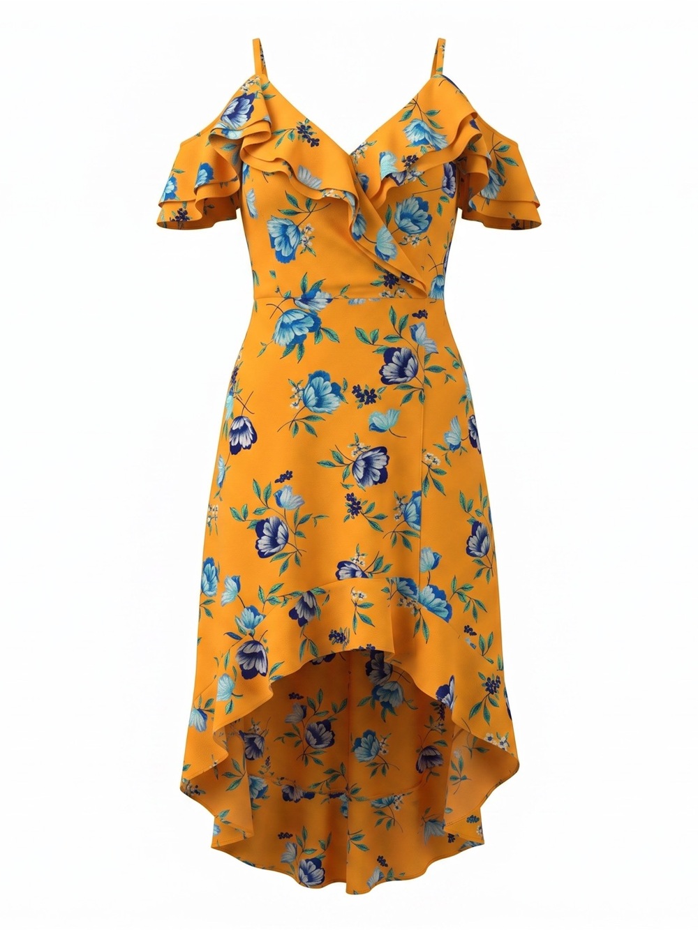 ☀️ BCX • Yellow Floral Ruffle Cold-Shoulder High-Low Dress • Juniors 9 or WM 8 - Picture 4 of 13